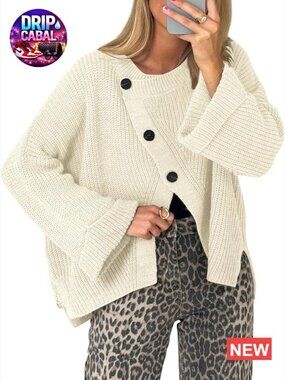 Chunky Cardigan Sweater Long Sleeve Crewneck Button Down Loose Pullover